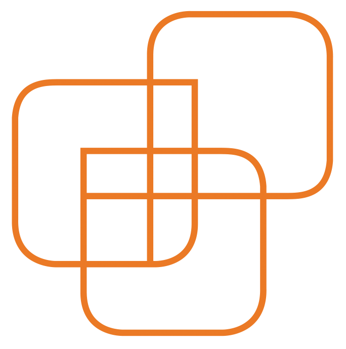 Abstract geometric design featuring interconnected orange rounded squares and rectangles on a black background.