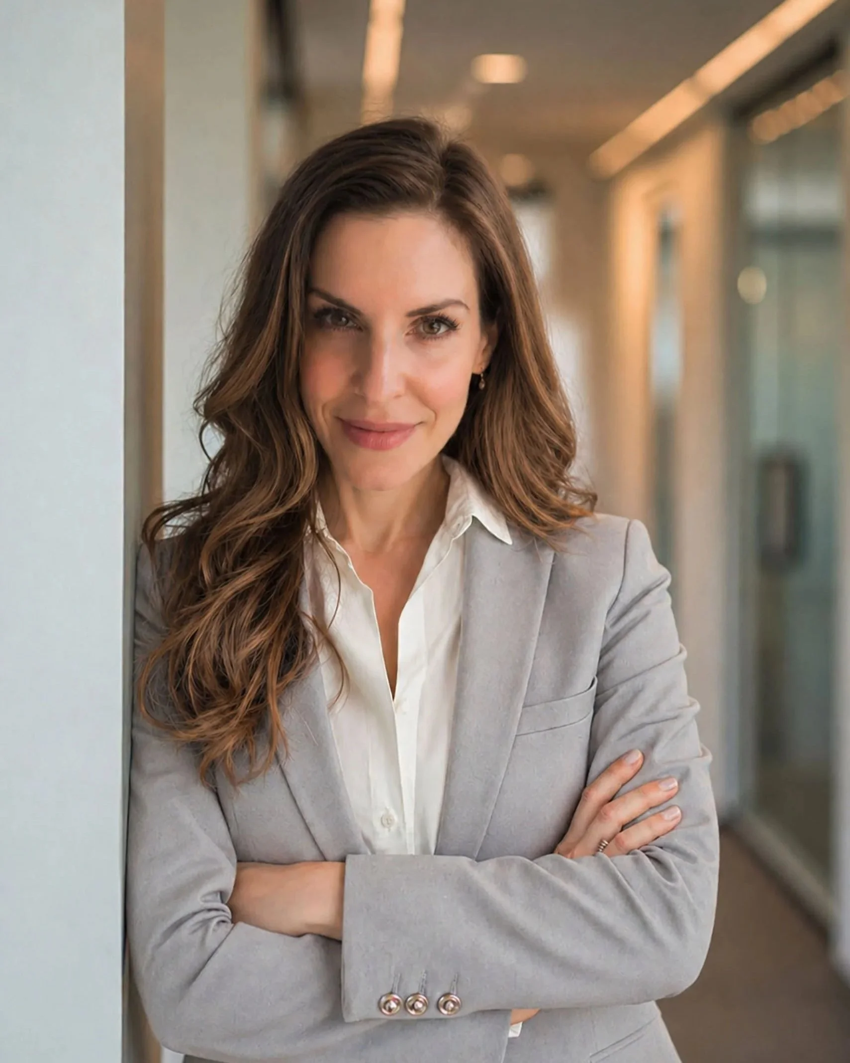 Close-up of a woman with long, wavy brown hair, wearing a light gray blazer and white shirt, standing with crossed arms in an office corridor with blurred windows and ceiling lights in the background.