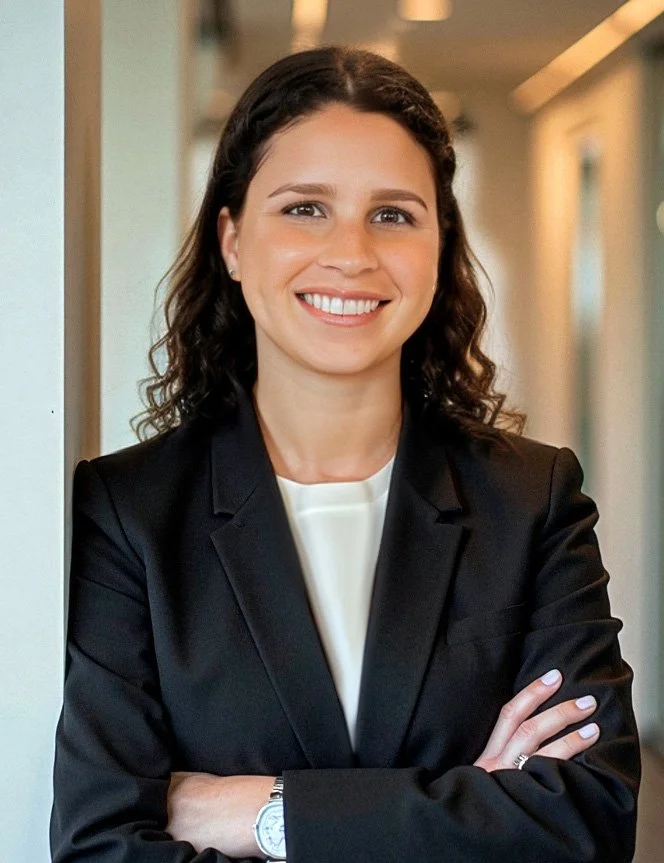 Simone Pollard in a black blazer smiling, with arms crossed, standing in what appears to be an office or corporate environment.