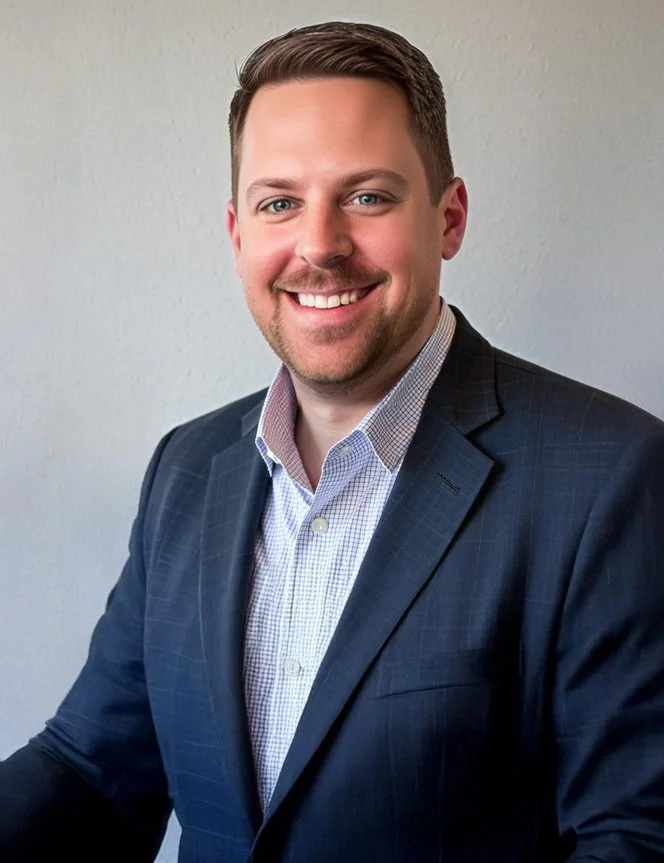 Chris Cooper with short brown hair, blue eyes, and a beard, dressed in a dark blazer and light checkered shirt, smiling against a plain light-colored background.