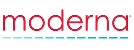 Logo of Moderna with red text and blue dashed underline.