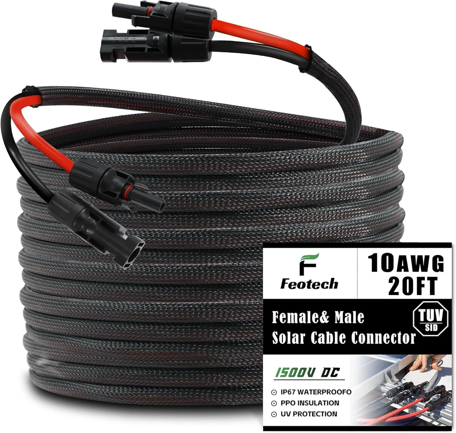 20 feet long, 10-gauge solar extension cable with male and female connectors, black and red insulated wires, coiled neatly, suitable for outdoor solar power systems.