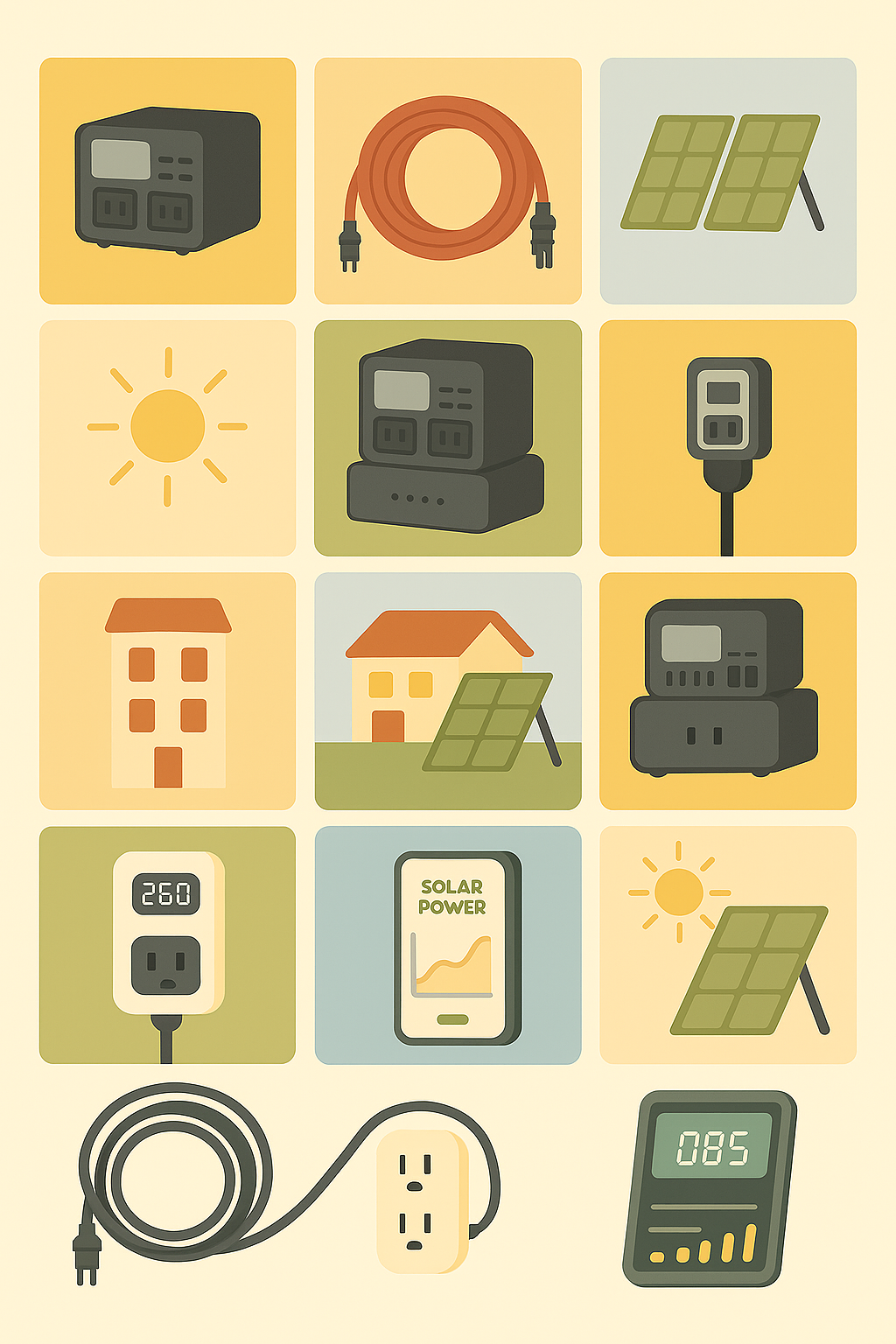 Illustration of various solar energy equipment and accessories, including solar panels, solar power bank, solar power meter, power extension cords, power outlets, and appliances connected to solar power, with icons of the sun.