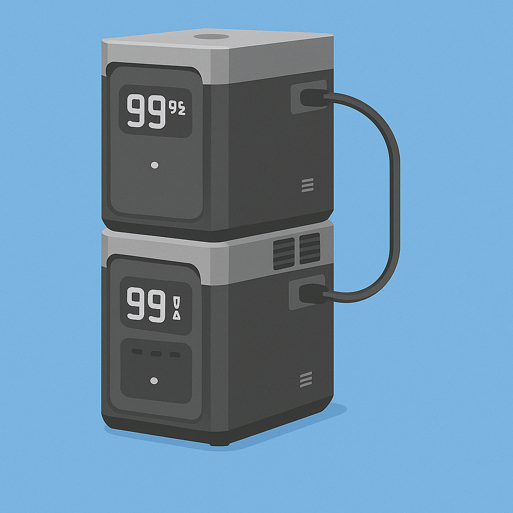 Portable battery pack connected to an expansion battery pack with a screen displaying the number 99 on their screens.