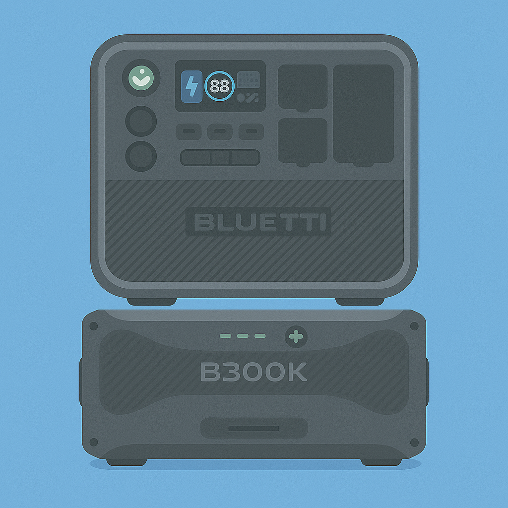 A digital illustration of a portable battery with the brand name 'BLUETTI' and a expansion battery labeled 'B300K' connected below it, against a blue background.