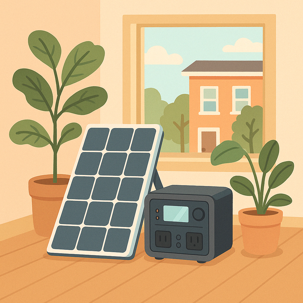 Indoor plants, a solar panel, and a backup power station on a wooden floor near a window showing a house and trees outside.