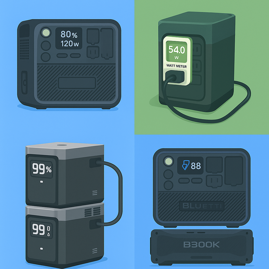 Illustration of four portable power banks with digital displays showing battery percentages and power output.