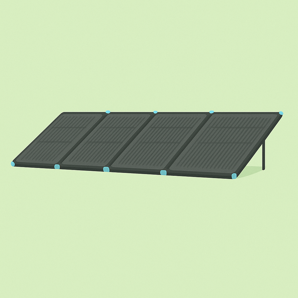 Illustration of a solar panel tilted on a stand against a light green background.