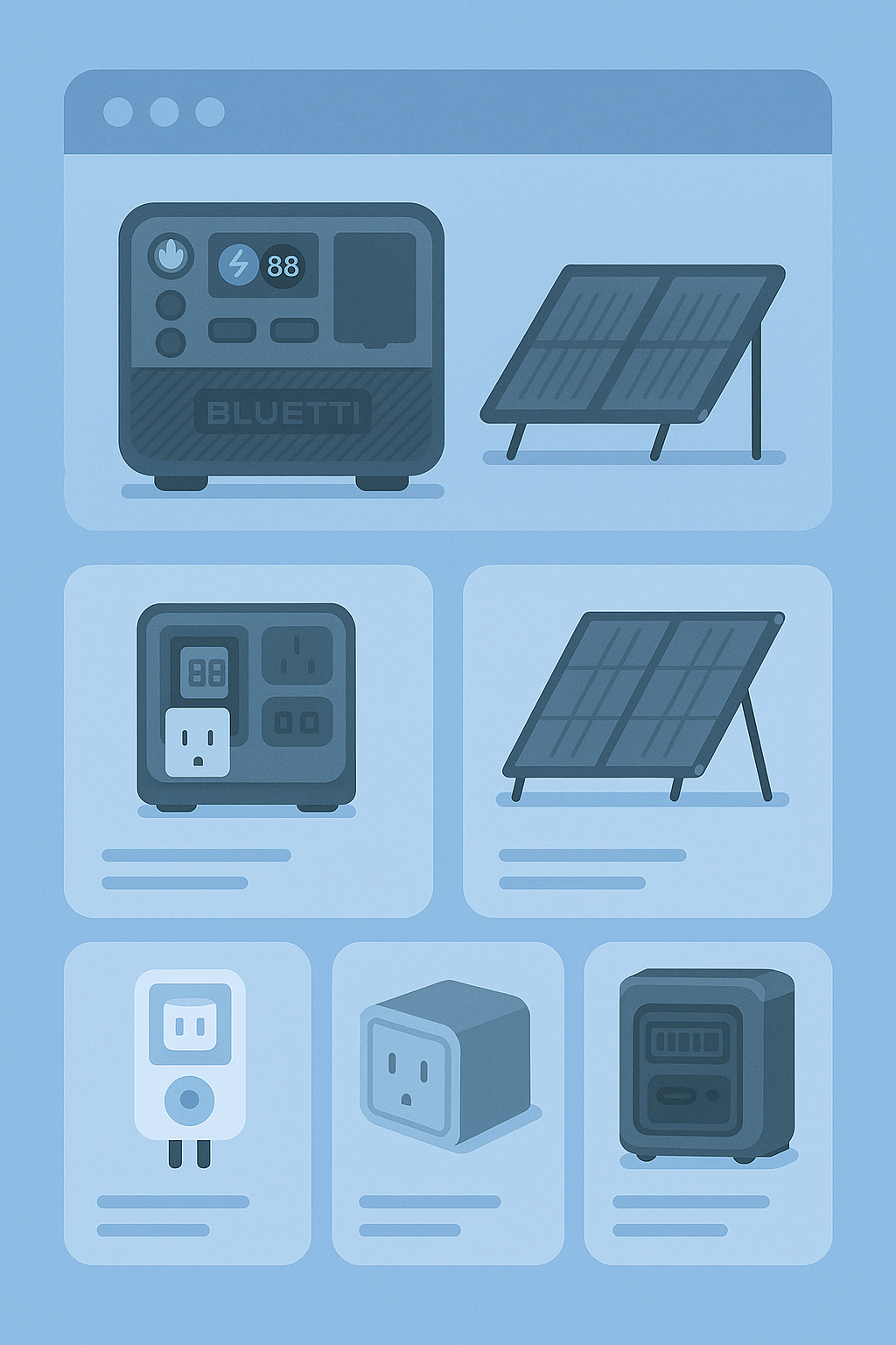 Illustration of solar panels, power adapters, and power storage units for renewable energy.