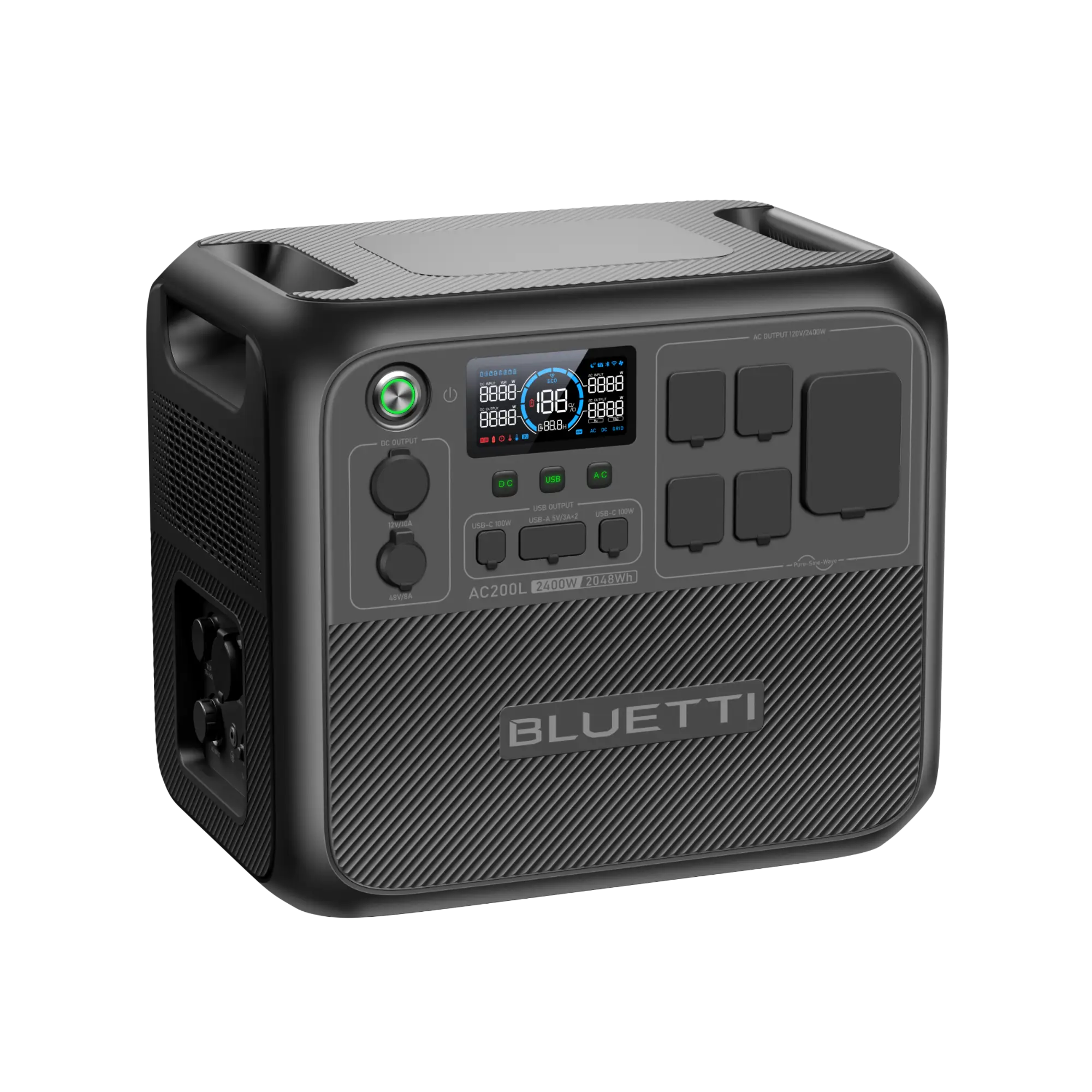 Bluetti portable power station with digital display, control buttons, and multiple outlets.
