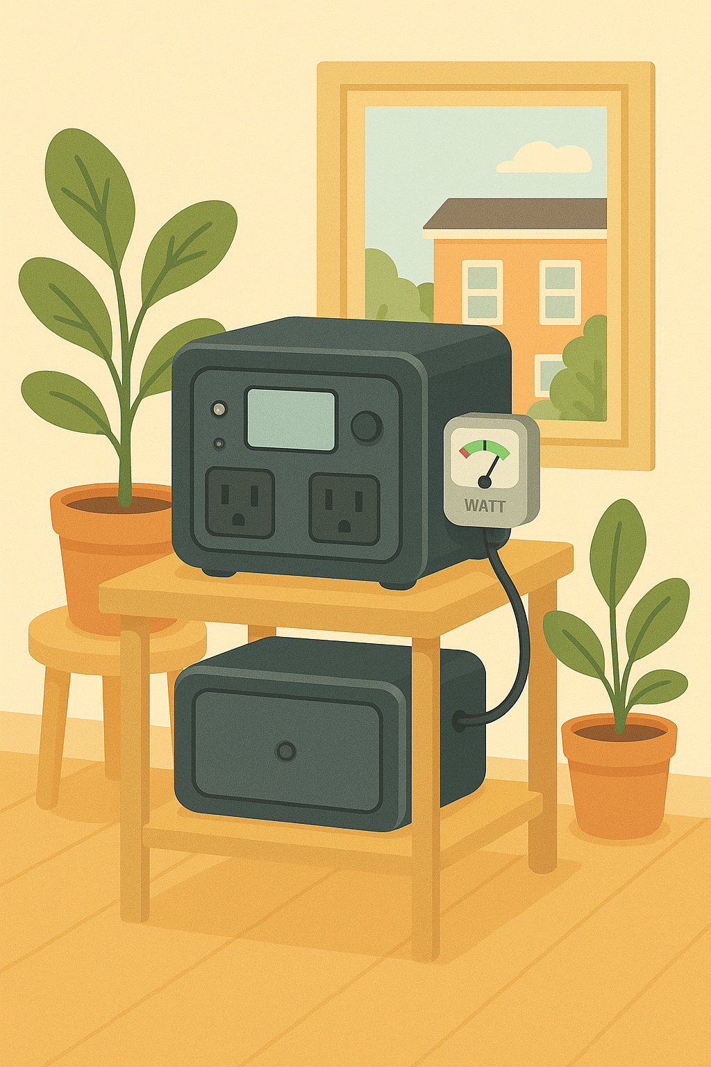 An indoor setting with a wooden table, a black power inverter with two outlets, an electricity usage gauge labeled 'WATT,' and a power cord, flanked by two potted green plants, a wooden stool, and a window showing a house and blue sky with clouds.
