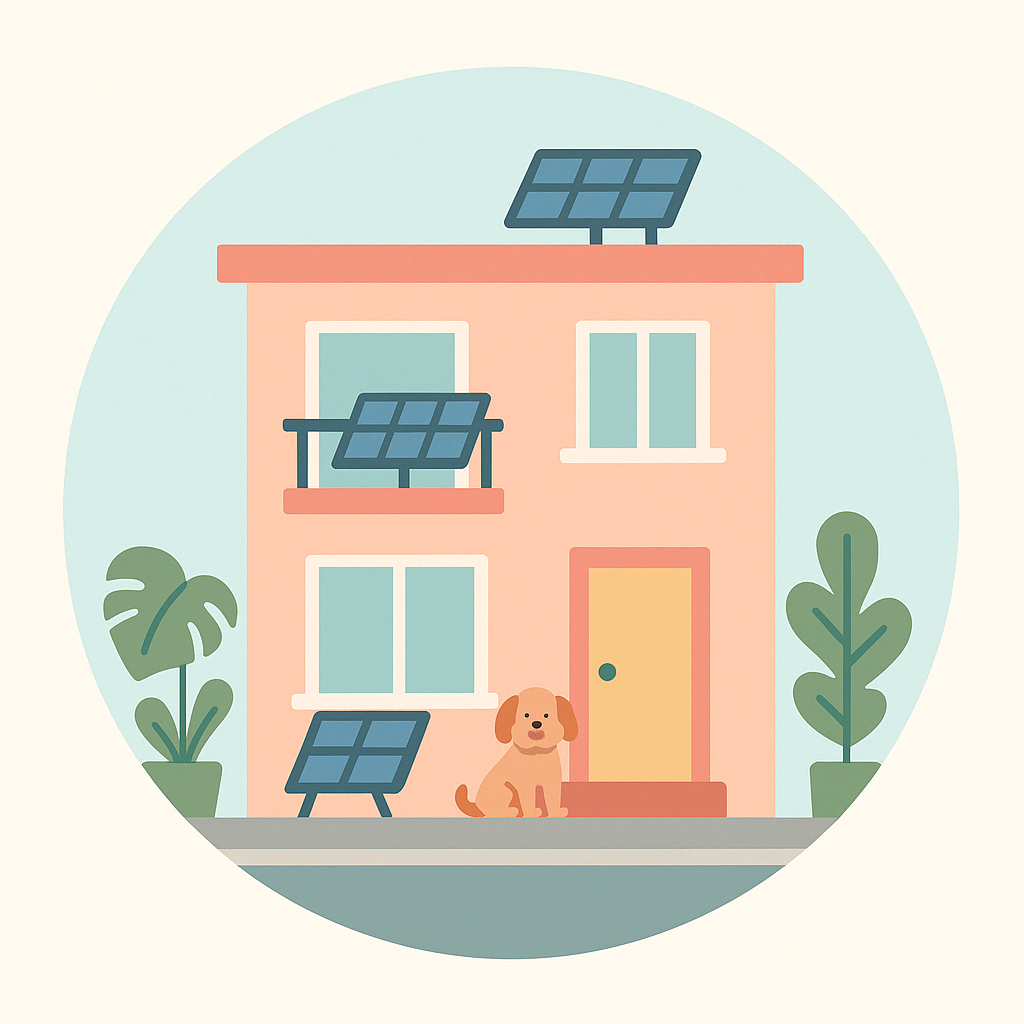 Illustration of a two-story house with solar panels on the roof and balcony, surrounded by potted plants, with a dog sitting outside.