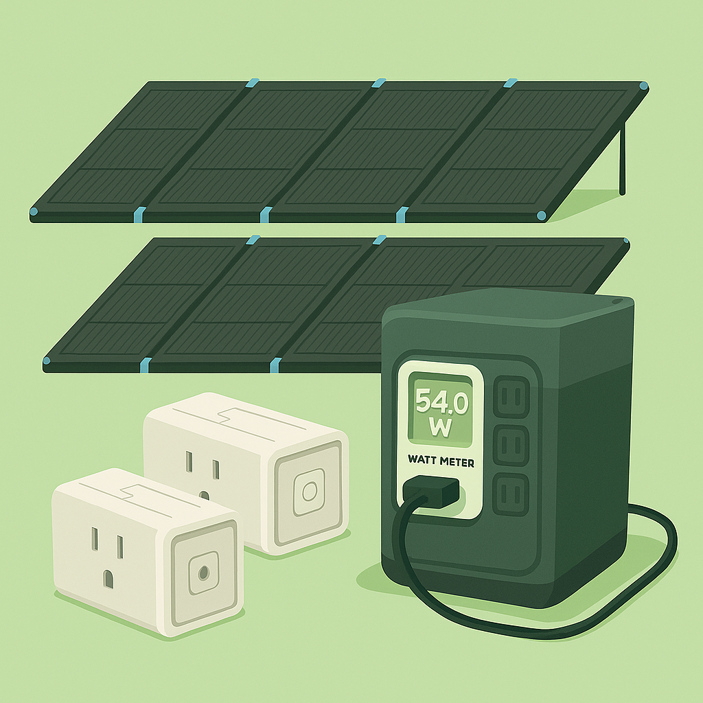 Solar panels connected to an electric power meter, with two electrical outlets nearby.