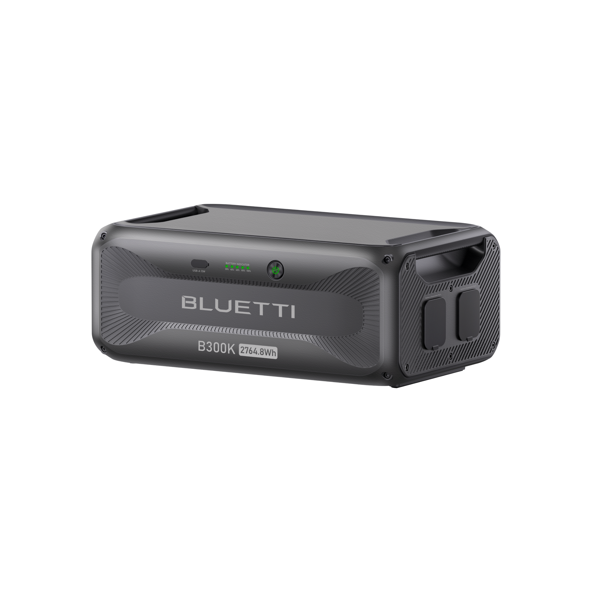 A portable Bluetti B300K power station with a gray and black design, digital display, carry handle, and various connection ports, set against a black background.
