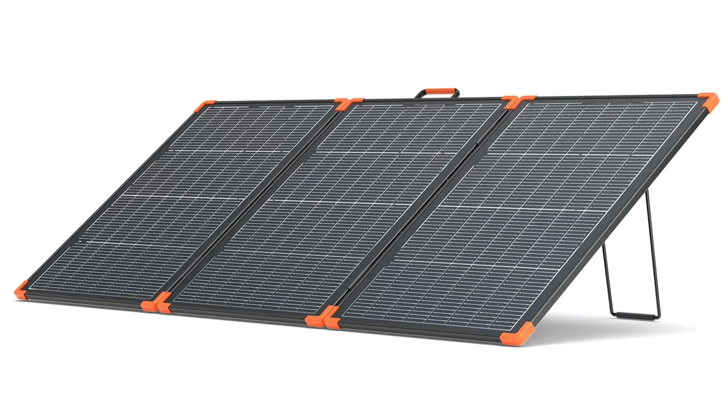 Portable foldable solar panel with black solar cells, orange accents, and a metal support stand.