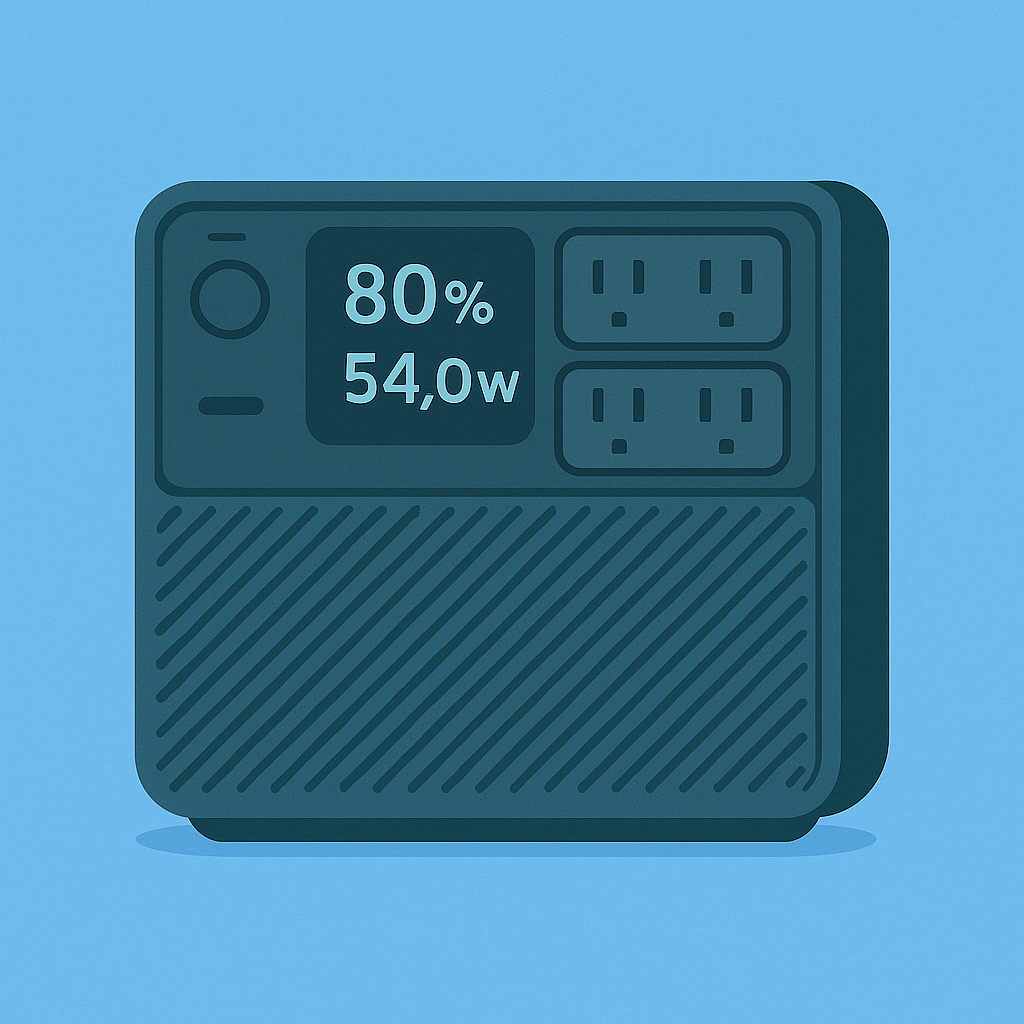 A digital power meter showing 80% and 54.0 watts, with two power outlets on a blue background.