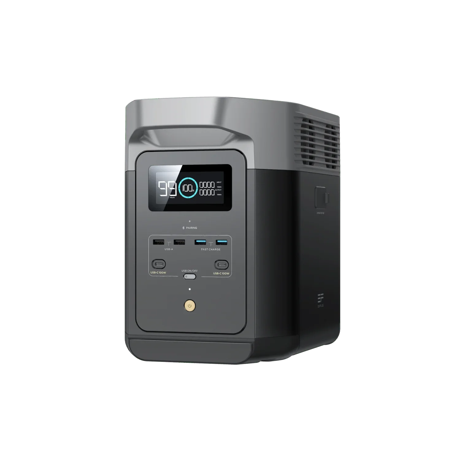 A black and silver uninterruptible power supply (UPS) with a digital display showing 95% battery, 100% load, and 0000 output power.