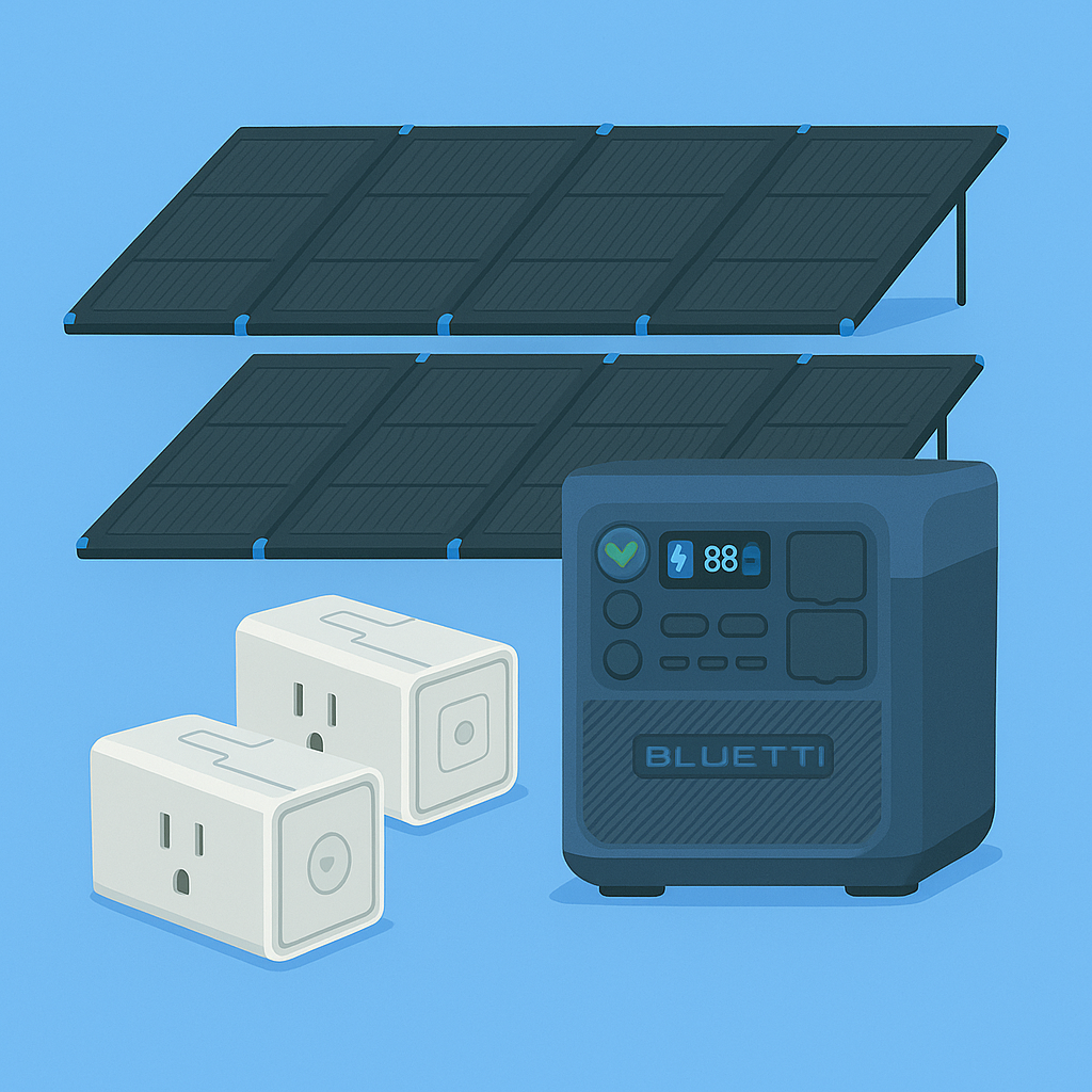 Solar panels connected to a portable power station with two electric outlets and two power banks.