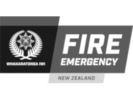 Logo of Whakarātonga Iwi Fire Emergency New Zealand with a black and white color scheme, featuring a star surrounded by laurel leaves.