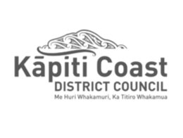 Logo of Kapiti Coast District Council with a wave and mountain graphic, and turquoise and black text.