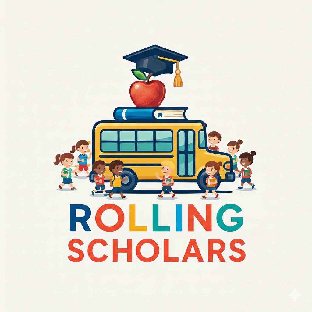 Children around a yellow school bus with a scholarship cap, apple, and books on top, with the words "Rolling Scholars" below.