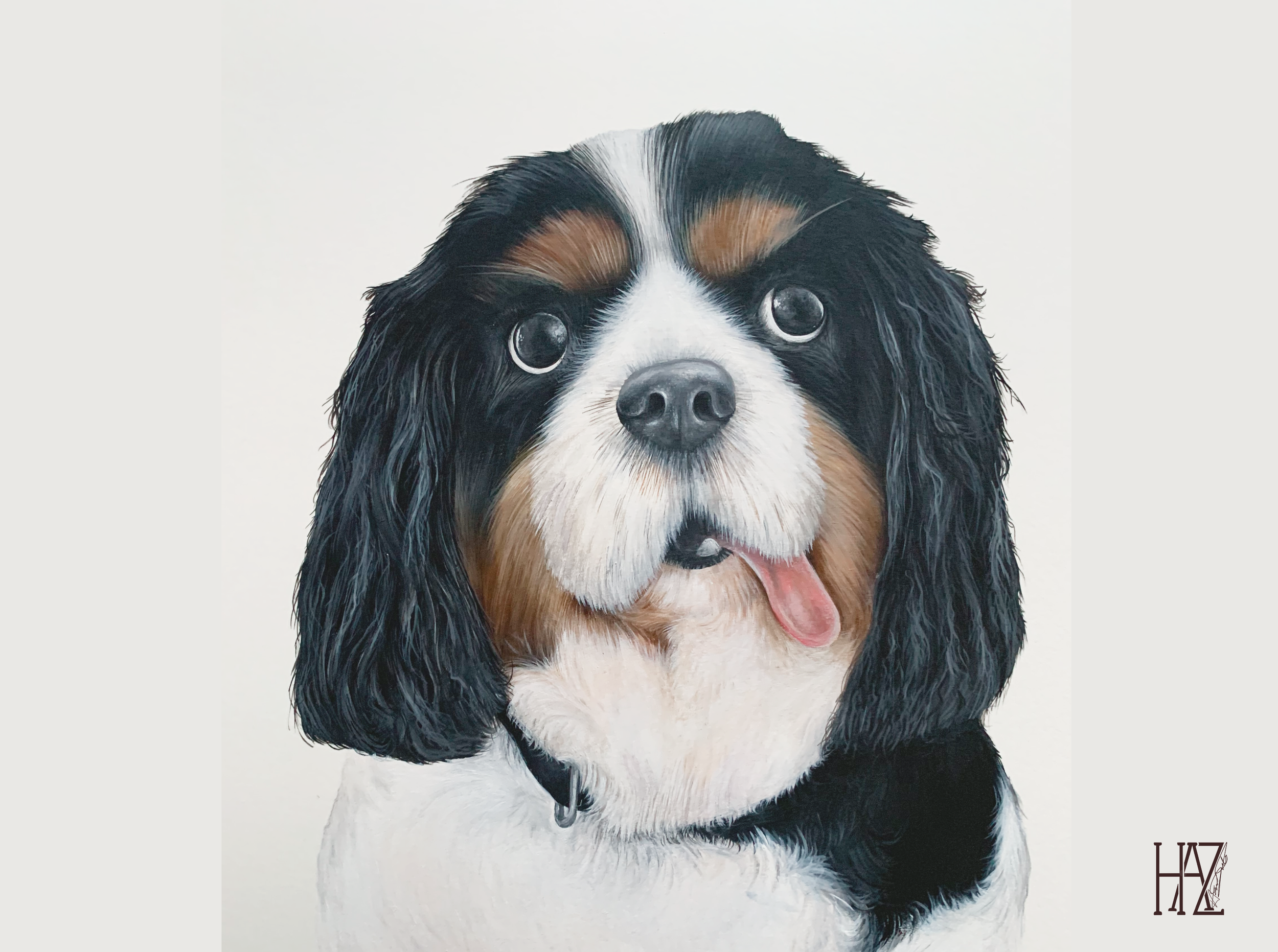 Painting of a Cavalier King Charles Spaniel with black, white, and brown fur, floppy ears, and tongue sticking out on a plain background.