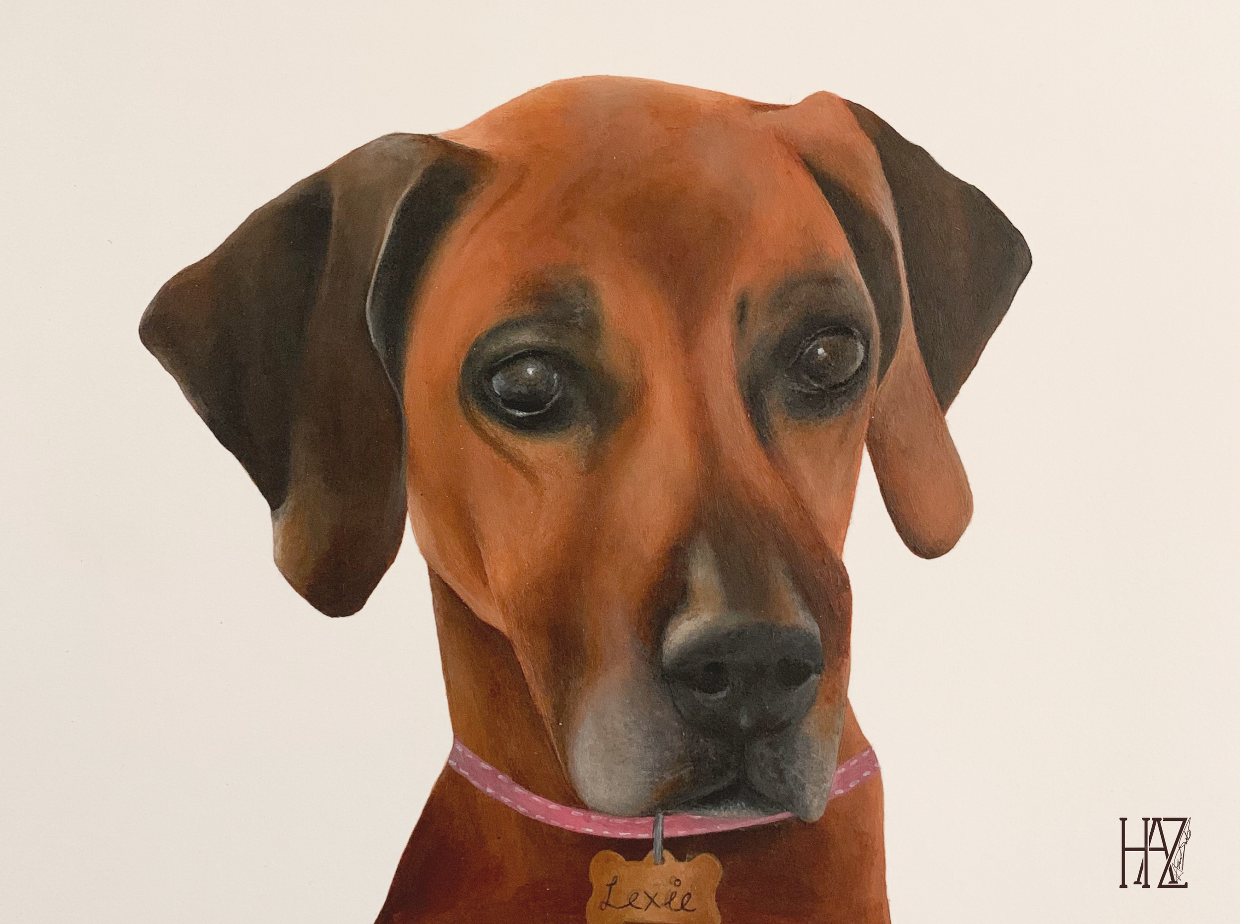A realistic painting of a dog's face, with a pink collar and a wooden tag that says 'Lexie'. The background is plain white.