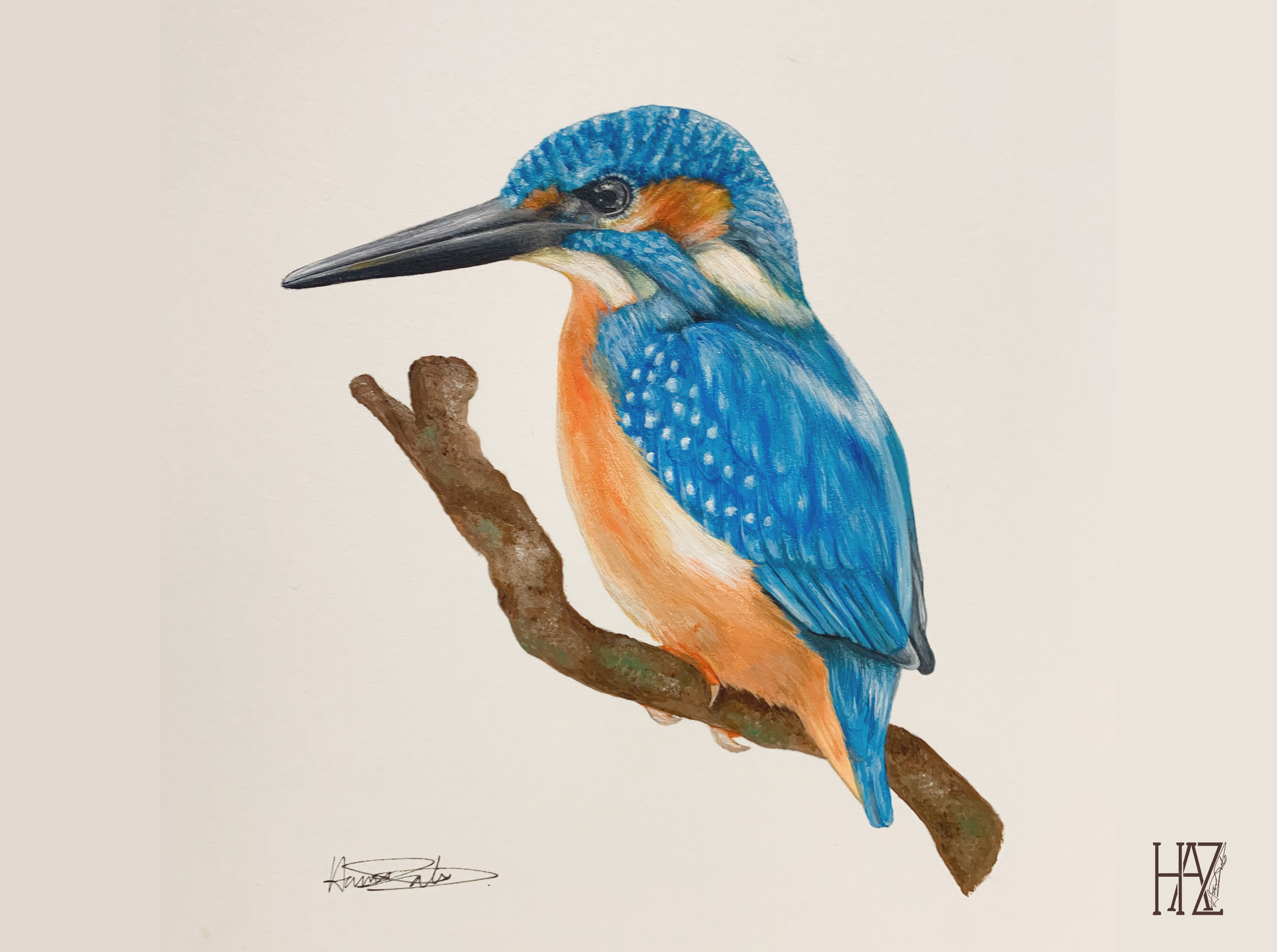 Colorful painting of a kingfisher bird with blue, orange, and white feathers perched on a brown branch.