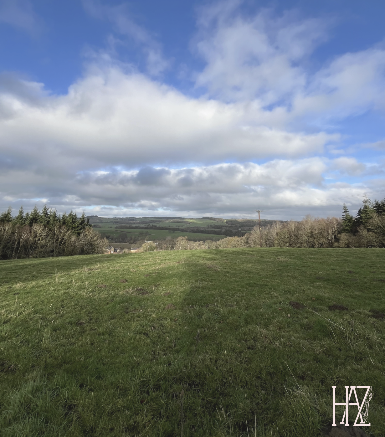 A vast open field with green grass, trees along the horizon, rolling hills in the distance, partly cloudy sky with patches of blue, and a wireless power line pole on the right side.