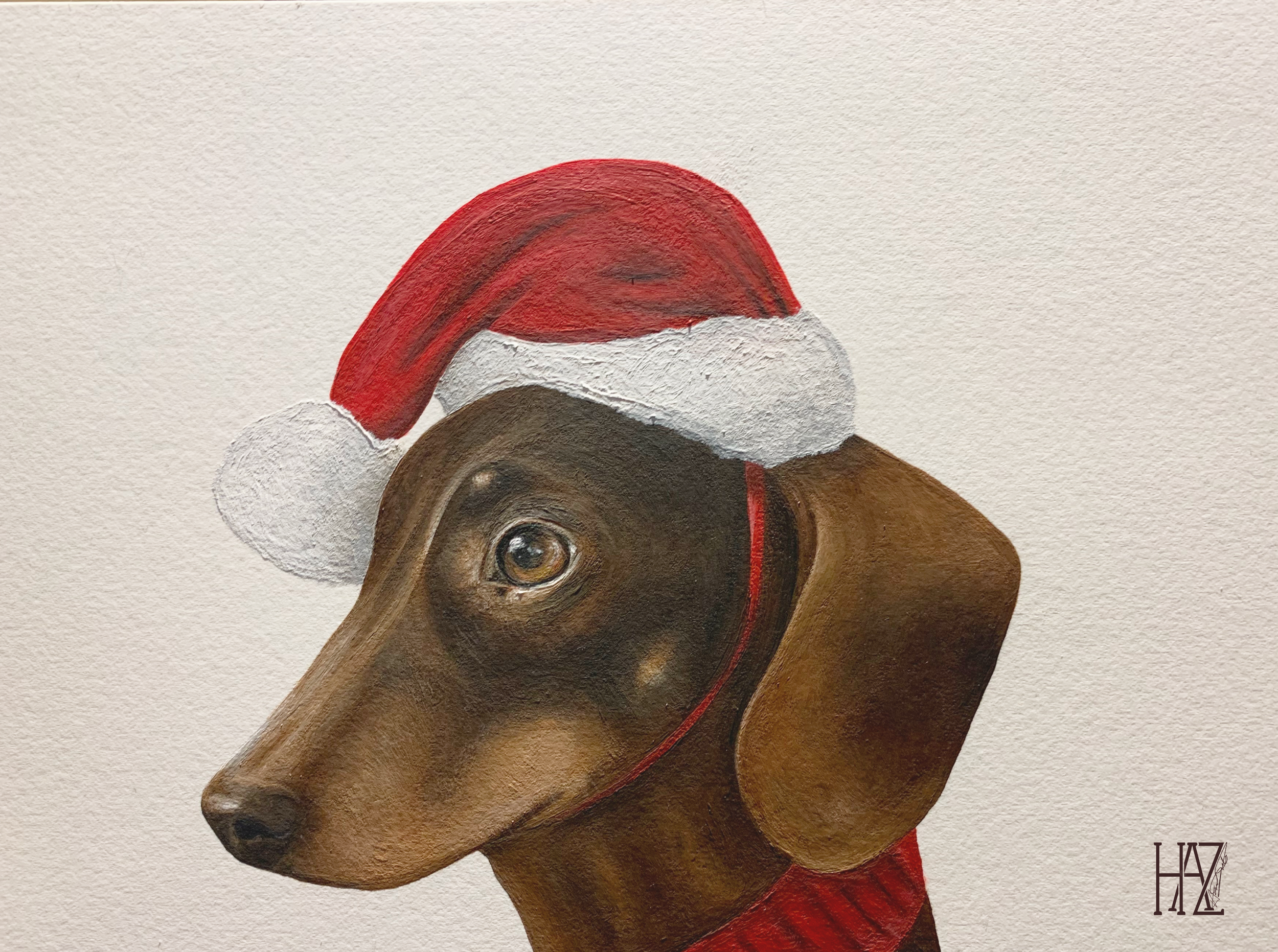 Painting of a dog wearing a Santa hat and a red scarf.