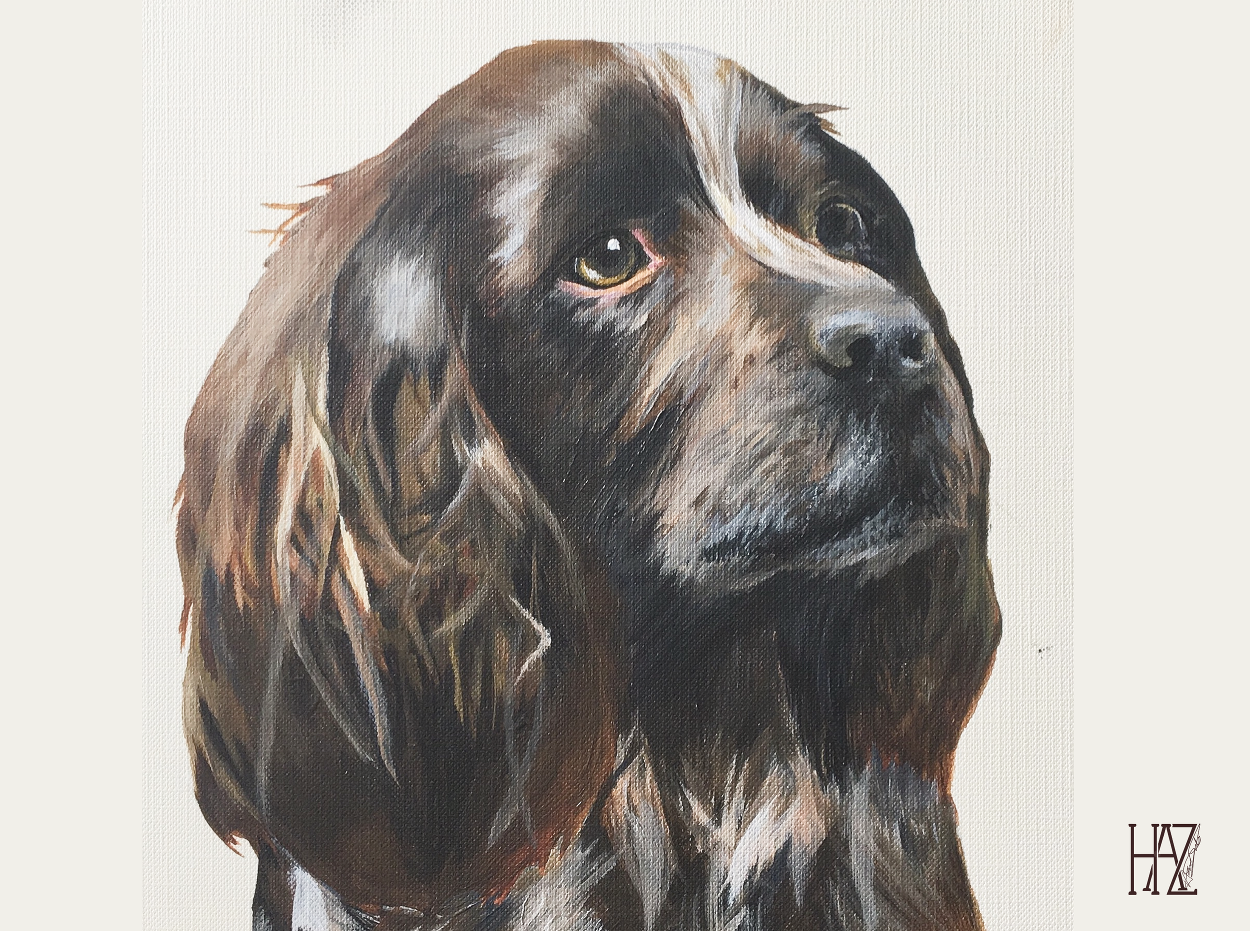 A realistic painting of a dog with long ears and dark brown fur against a plain background, with a signature in the lower right corner.