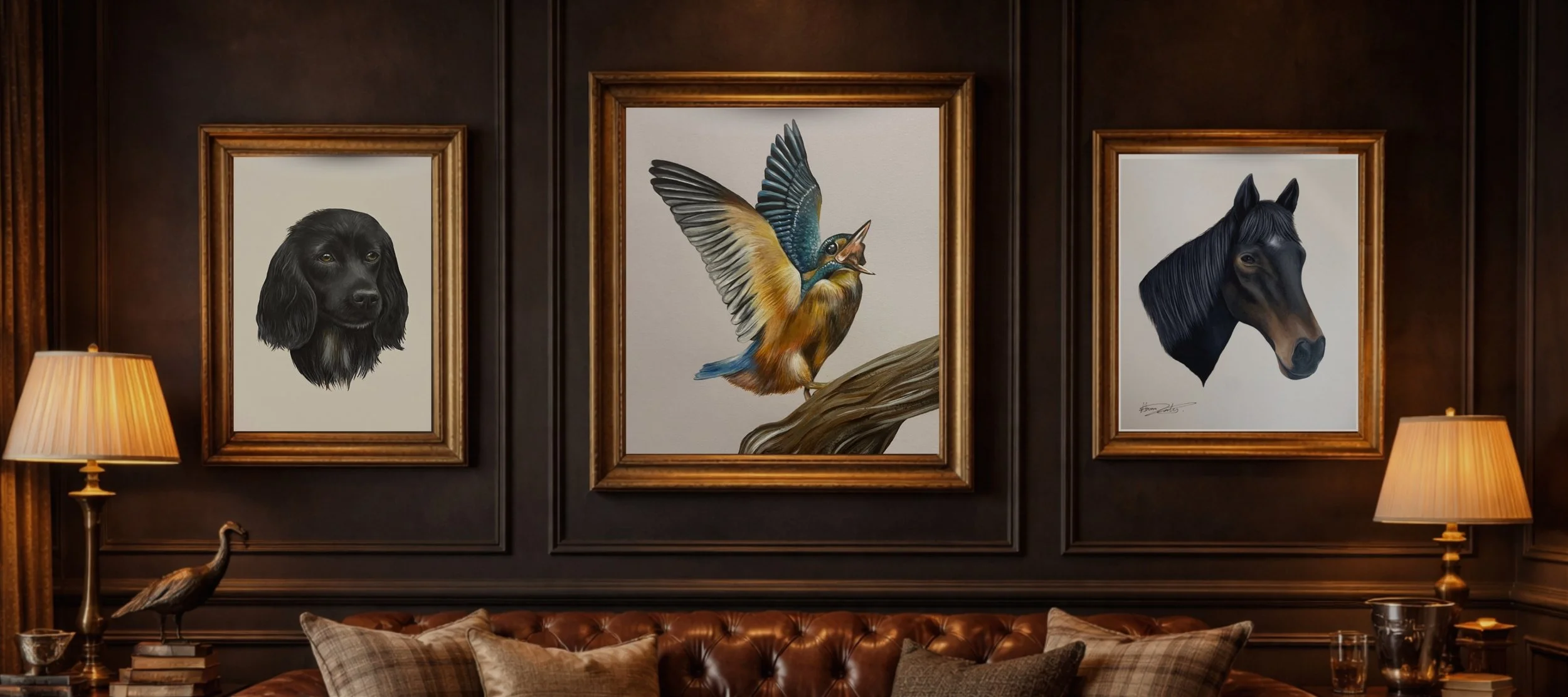 Three framed animal portraits on a dark wood-paneled wall with two table lamps, a sofa with pillows, and table decor in a cozy living room.