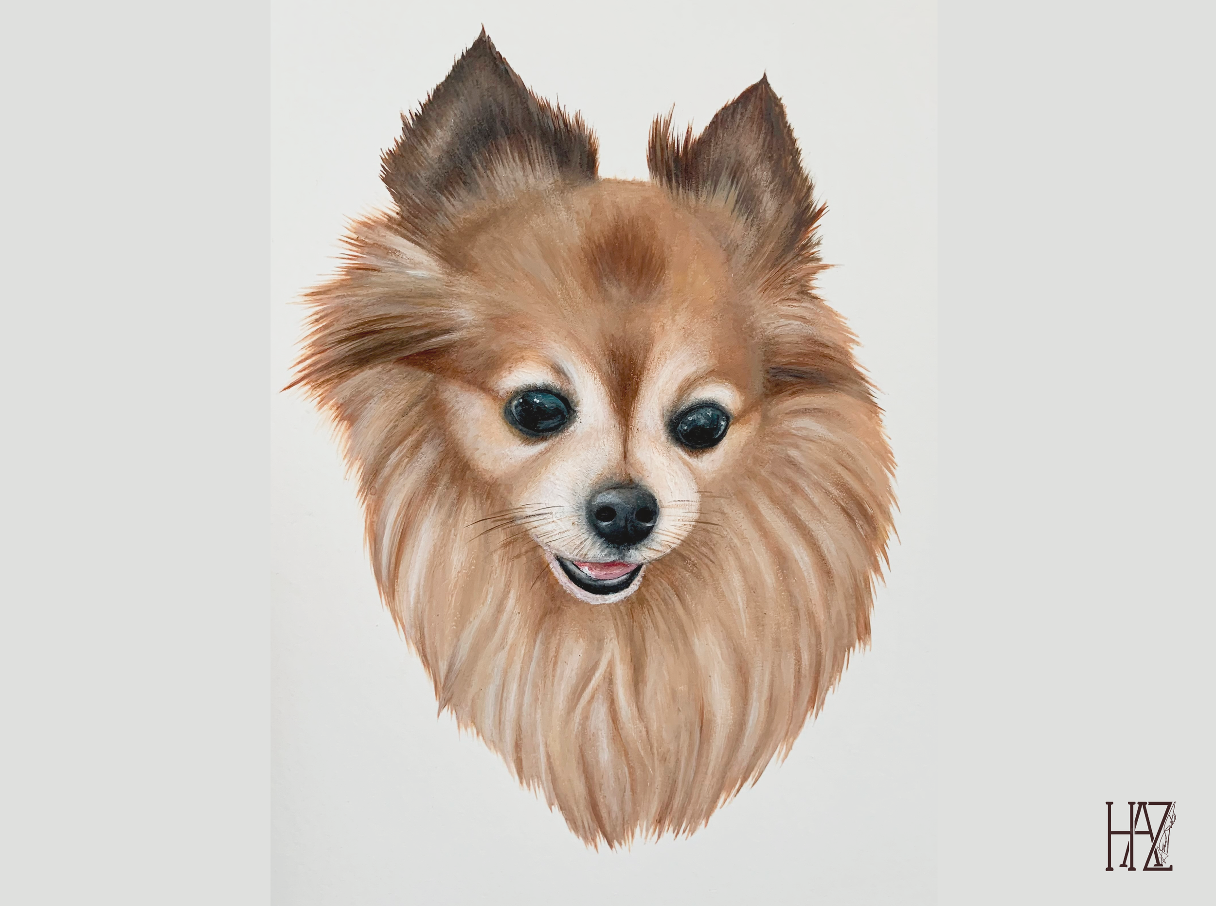A realistic painting of a small, fluffy dog with brown and cream-colored fur, large dark eyes, and a slightly open mouth, set against a plain background.