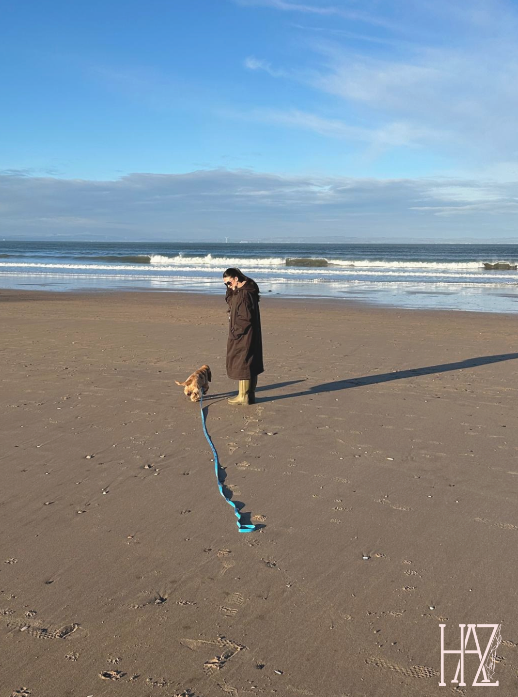 Person in a brown coat and sunglasses walking a small dog on a leash on a sandy beach with ocean waves and a blue sky in the background.