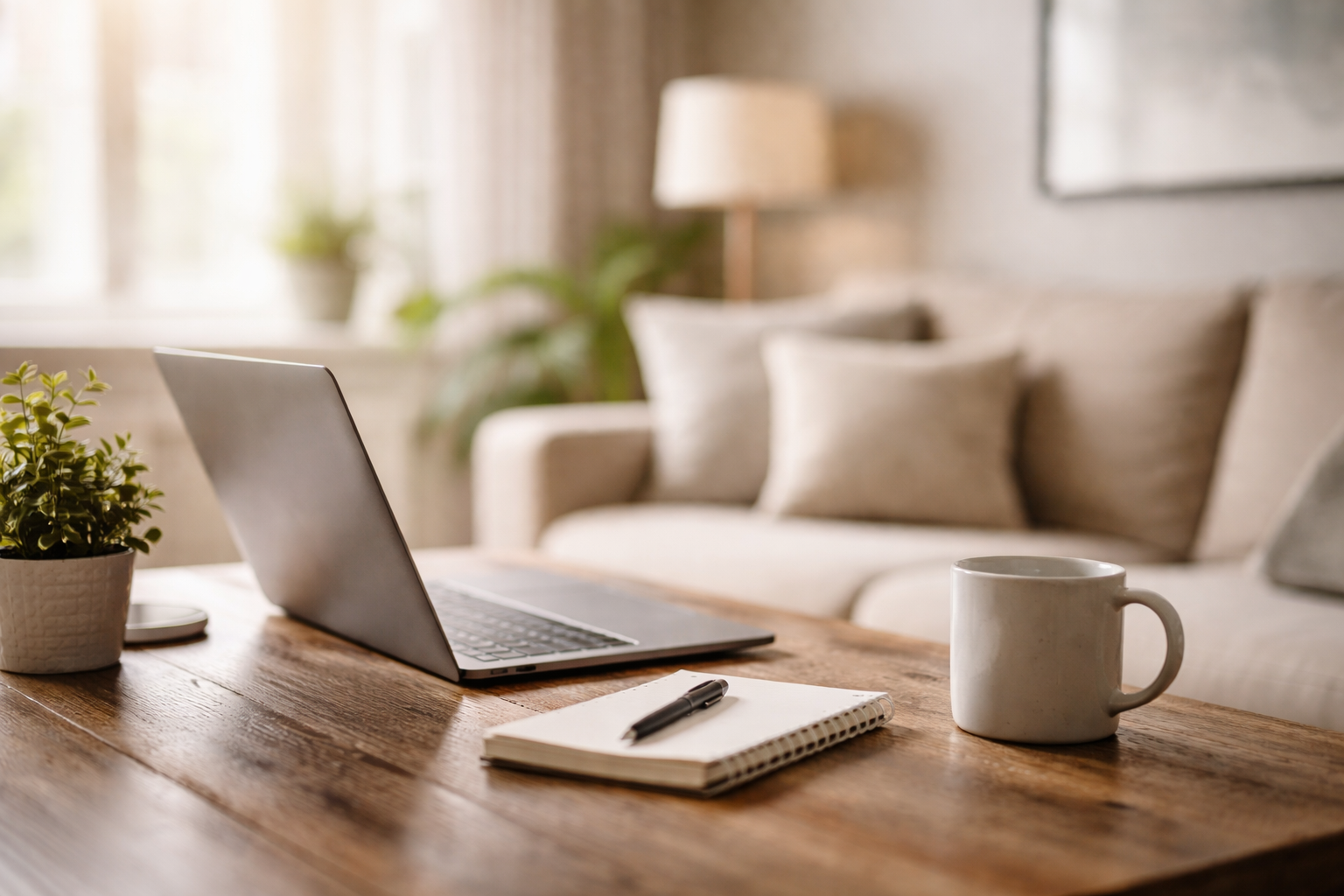 Calm, well-lit home office workspace with a laptop, notebook, and coffee cup, representing a private and confidential property review consultation.