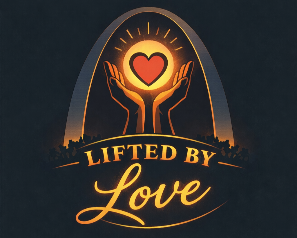 Illustration of two hands uplifted holding a heart within a sunburst, with the text 'Lifted by Love' below.