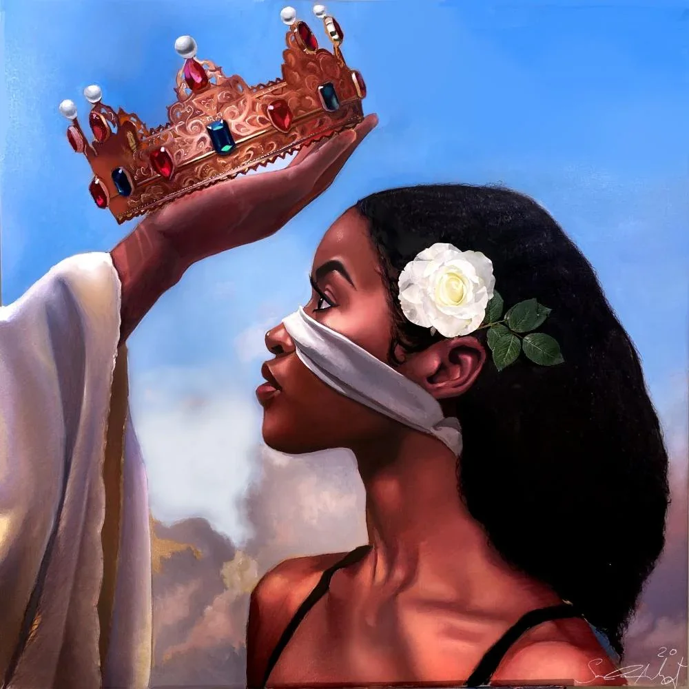 A woman with dark hair and a white flower in her hair has her eyes covered with a white cloth. A crown is being held above her head by a hand, against a cloudy sky background.