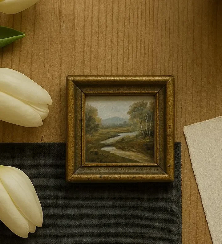 Small framed landscape painting of a stream running through a wooded area with distant mountains, on a wooden surface with white flowers and green leaves nearby.