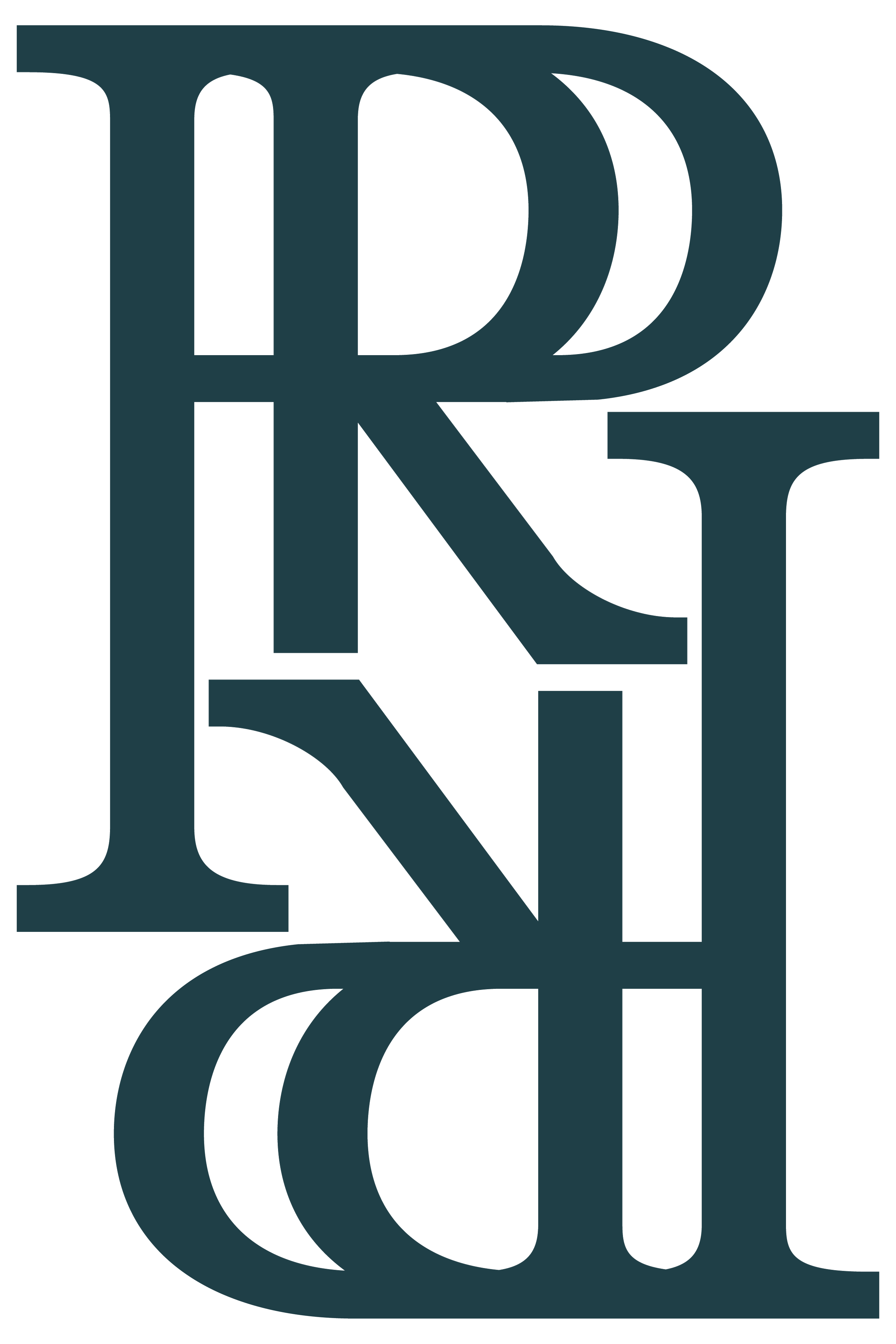 Stylized text design spelling 'RP' vertically with large, overlapping letters in dark teal color.