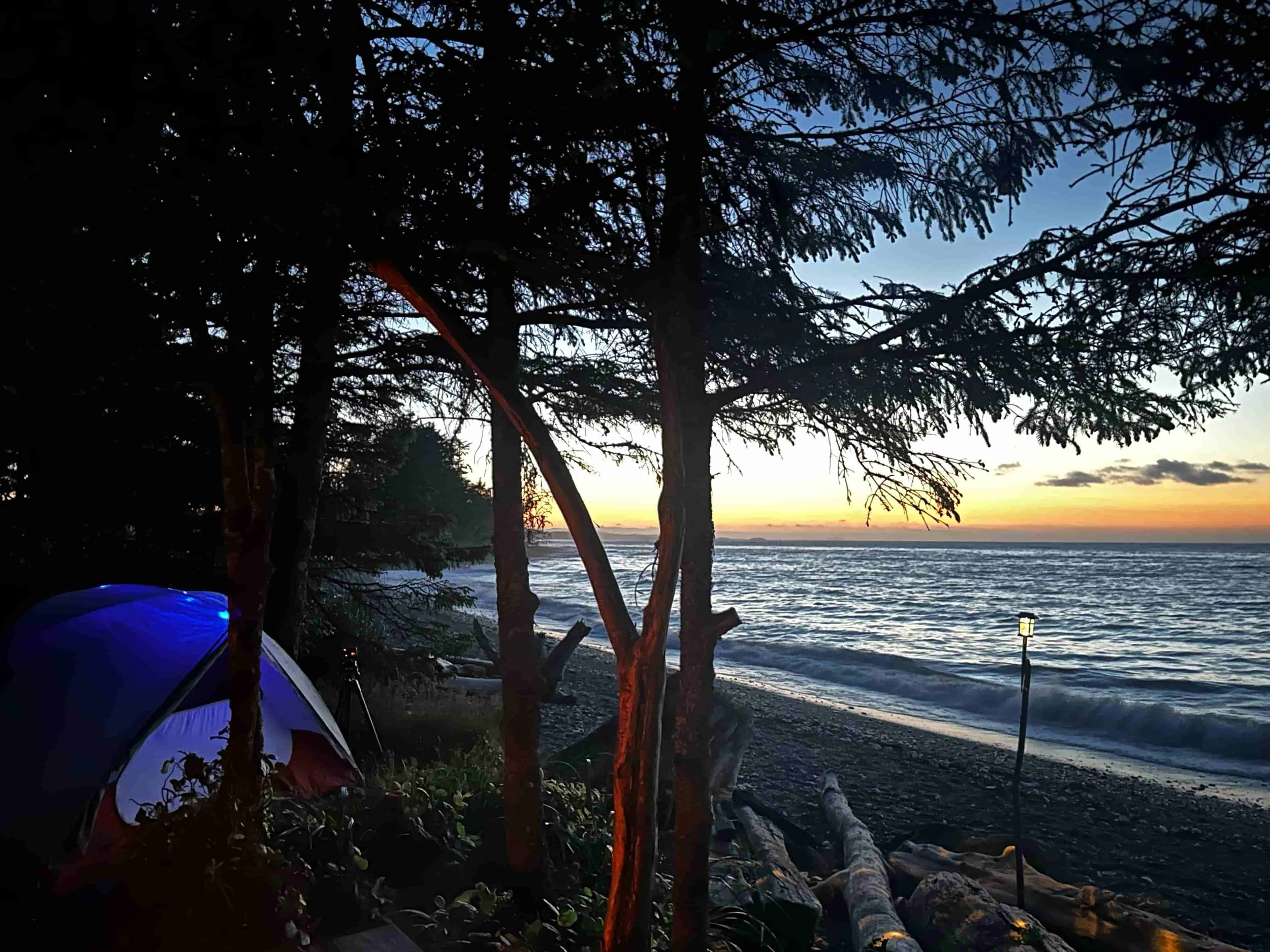 Tent set up by the ocean at dusk at Cluxewe Resort Campground on Vancouver Island coastline
