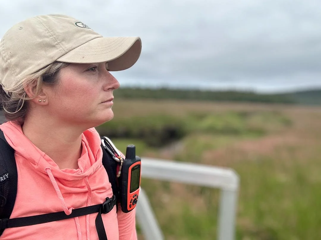 Outdoor explorer looking across meadow landscape on Vancouver Island.