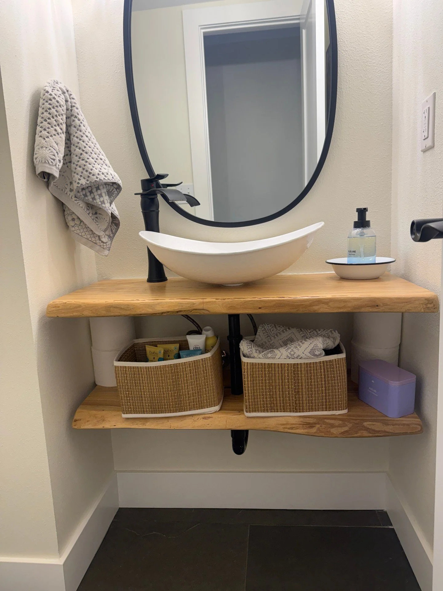 Finished up this vessel sink on a wood top with a single-hole faucet. 
Kept the drain and P-trap exposed for easy inspection, with snug, clean connections. 
Everything lines up the way it should and the trap is set to keep sewer gases where they belo