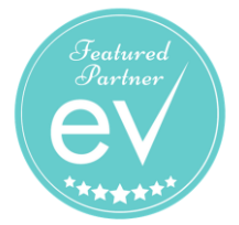 Circular badge with a light blue background featuring white text 'Featured Partner' and 'ev' logo, along with five white stars at the bottom.