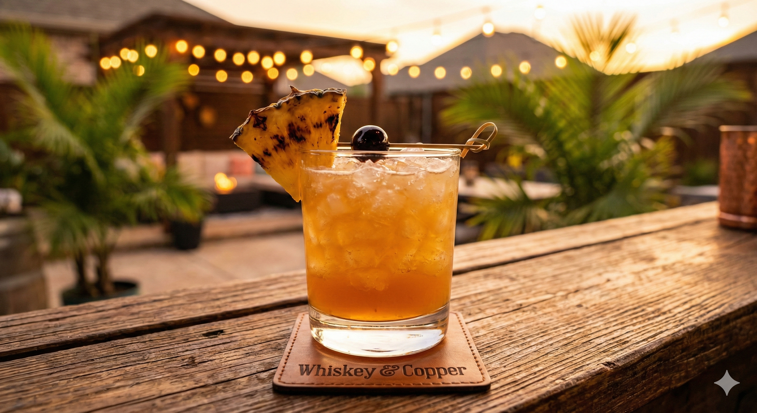 A cocktail with pineapple and cherry garnish on a wooden table at sunset with string lights in the background.