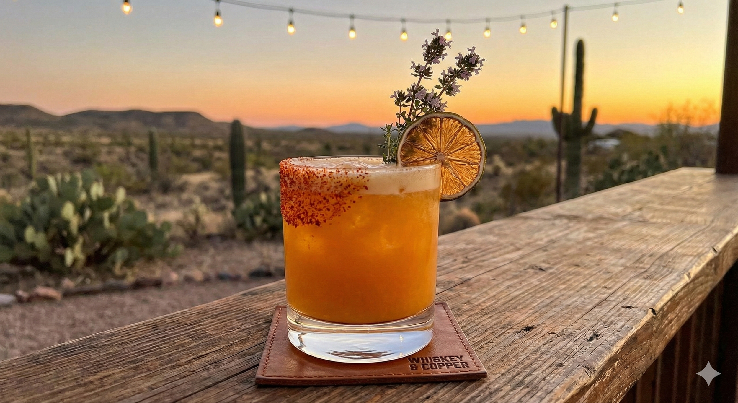 An orange cocktail garnished with a dried lemon slice and sprigs of purple flowers on an outdoor wooden surface during sunset, with cactus plants and mountains in the background.
