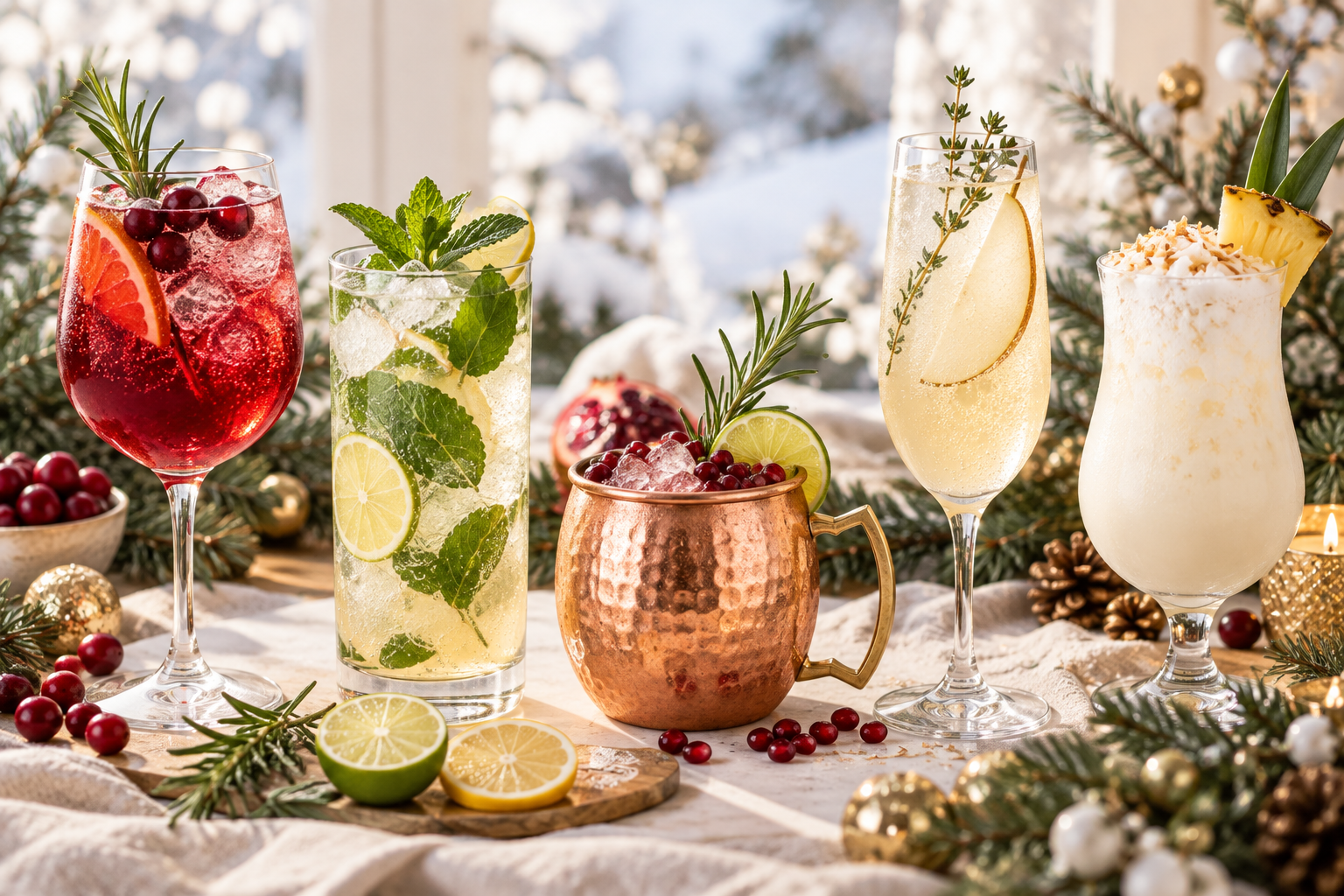 Elegant Christmas mocktails with cranberry citrus mint and coconut