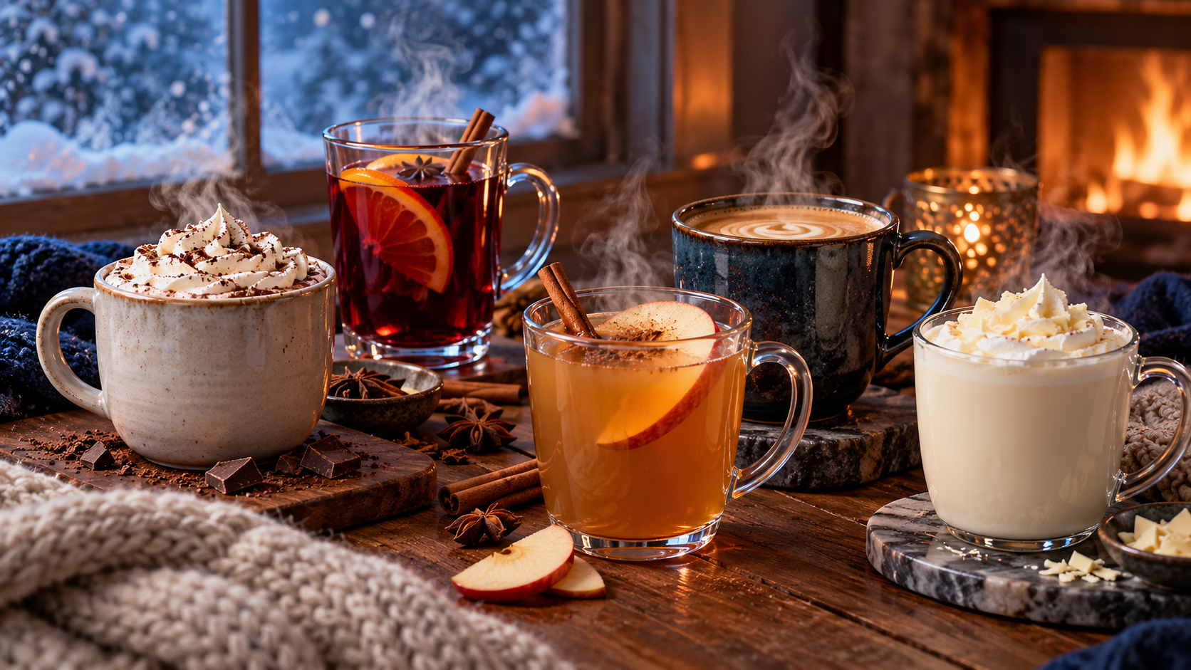 Warm winter cocktails, hot chocolate, coffee and spiced cider