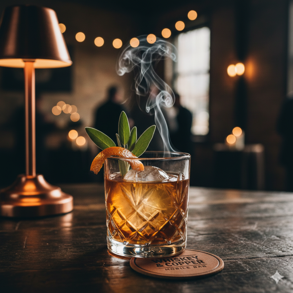 A glass of whiskey cocktail garnished with an orange peel, sage leaves, and a twist of citrus, with smoke rising from the drink, on a wooden table with a lamp and blurred background of people and warm lights.