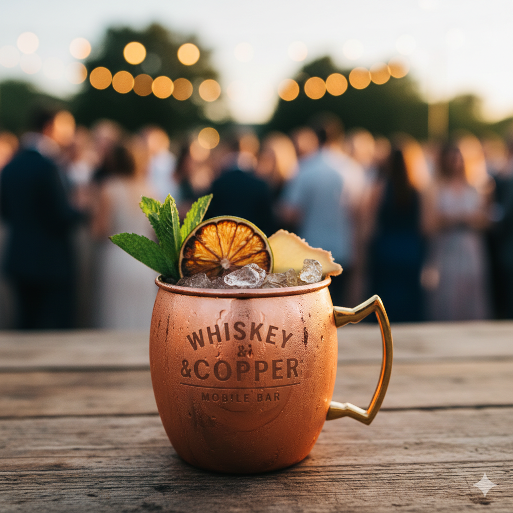 A copper mug filled with ice, garnished with a lemon slice, a sprig of mint, and a dried citrus slice, on a wooden table at an outdoor gathering during sunset with blurred people in the background.