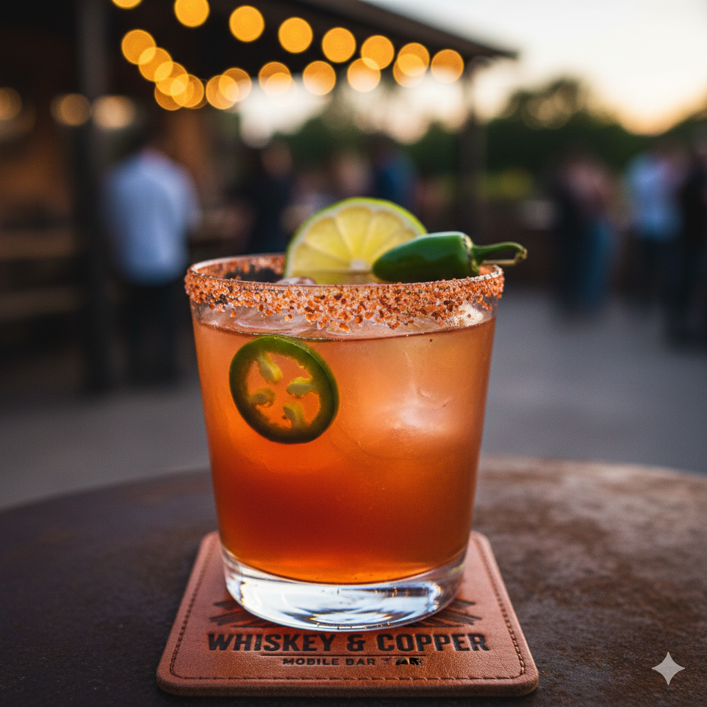 A glass of cocktail garnished with a lime wedge and a jalapeño slice, with a salted rim, placed on a whiskey and copper mat at an outdoor bar during sunset.
